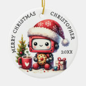 Monogrammed Merry Christmas Schattige Robot Keramisch Ornament (Voorkant)
