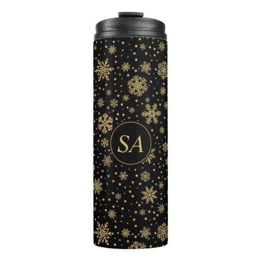 Monogrammed Merry Kerstmis Golden Snowflakes Thermosbeker (Voorkant)