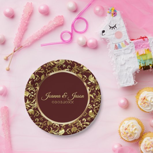 Monogrammed Metallic Goud Damast en Bruine Cirkel Papieren Bordje (Feest)