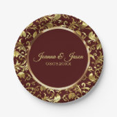 Monogrammed Metallic Goud Damast en Bruine Cirkel Papieren Bordje (Voorkant)