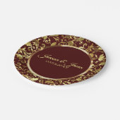 Monogrammed Metallic Goud Damast en Bruine Cirkel Papieren Bordje (Gekanteld)