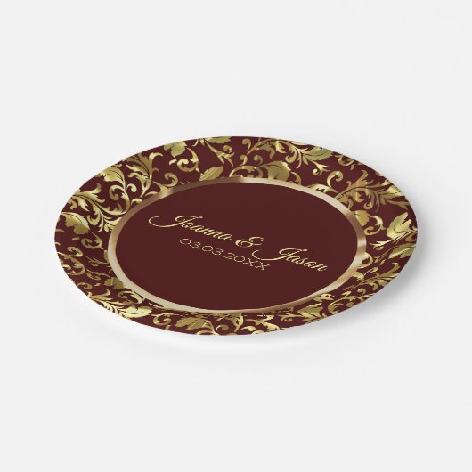 Monogrammed Metallic Goud Damast en Bruine Cirkel Papieren Bordje (Gekanteld)