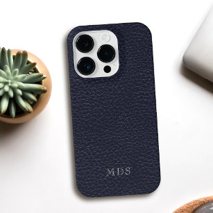 Monogrammed Midnight Blue Faux Leather Case-Mate iPhone 14 Pro Hoesje