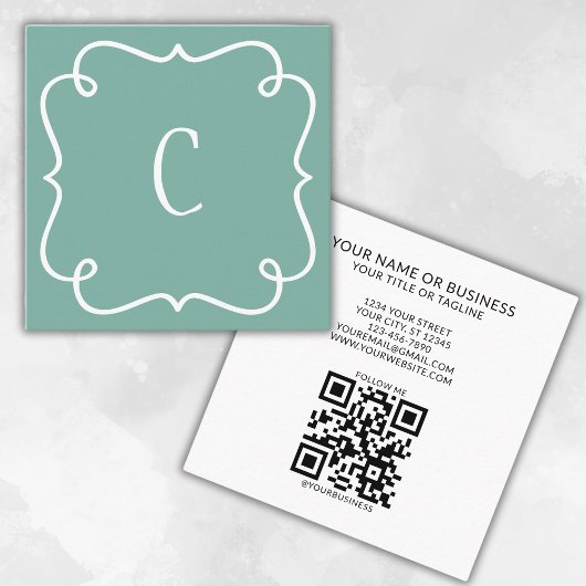 Monogrammed Minimal Trendy Sage Green QR-code Vierkante Visitekaartje