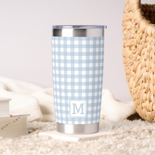 Monogrammed Minimalist Blue Gingham geruite patroo Geïsoleerde Drinkbeker (Woonkamer)