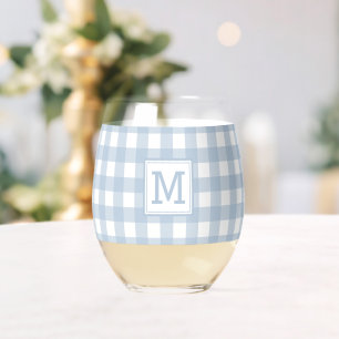 Monogrammed Minimalist Blue Gingham geruite patroo Wijnglas Zonder Voet