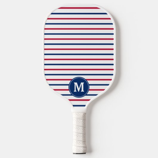 Monogrammed minimalistische roze en blauwe strepen pickleball paddle (Voorkant)