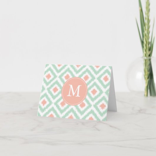Monogrammed Mint Coral Diamonds Ikat Pattern Notitiekaartje (Voorkant)
