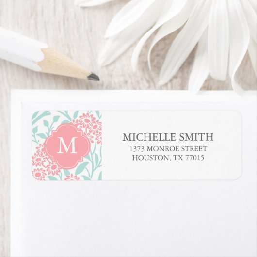 Monogrammed Mint Coral Floral Damask Pattern Etiket (Insitu)