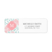Monogrammed Mint Coral Floral Damask Pattern Etiket (Voorkant)
