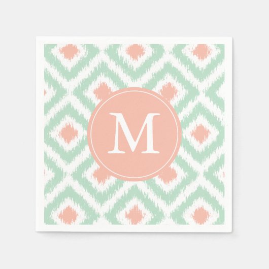 Monogrammed Mint en Coral Ikat Pattern Servetten (Voorkant)
