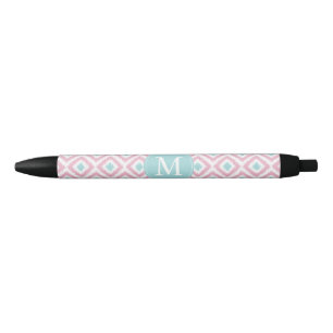 Monogrammed Mint en Pink Diamonds Ikat Pattern Zwarte Inkt Pen
