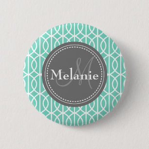 Monogrammed Mint Gray Moroccan Ogee Pattern Ronde Button 5,7 Cm