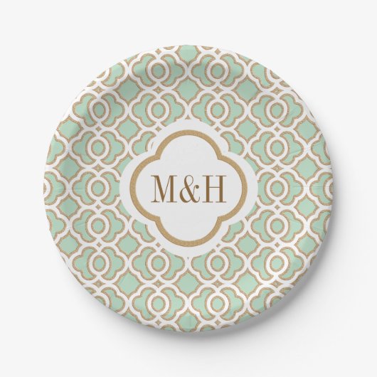 Monogrammed Mint Green en Gold Moroccan Wedding Papieren Bordje (Voorkant)