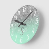 Monogrammed Mint Green en Silver Glitter Ombre Ronde Klok (Hoek)