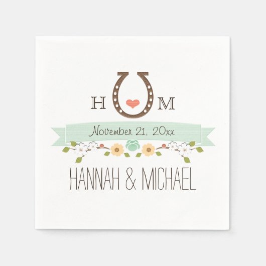 Monogrammed Mint Groene Hoefijzer Hart Wedding Servet (Voorkant)