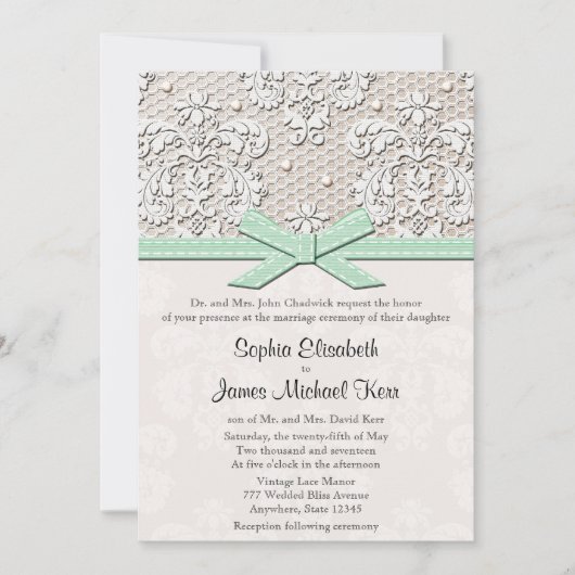 Monogrammed Mint  Lace Wedding Invitations Kaart (Voorkant)