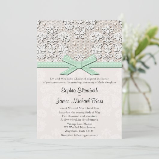 Monogrammed Mint  Lace Wedding Invitations Kaart (Staand voorkant)