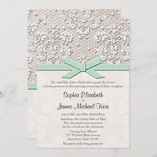 Monogrammed Mint  Lace Wedding Invitations Kaart (Voorkant / Achterkant)