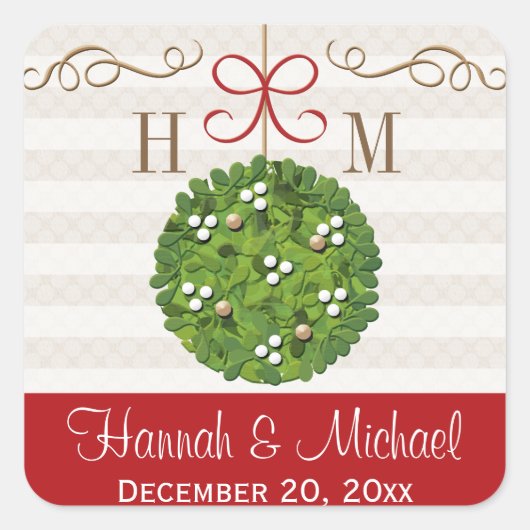 Monogrammed Mistletoe Kissing Ball Vierkante Sticker (Voorkant)
