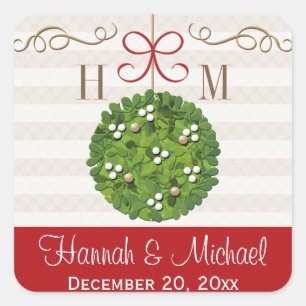 Monogrammed Mistletoe Kissing Ball Vierkante Sticker