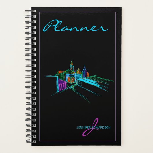 Monogrammed Modern Black Elegant Vibrant City Plan Planner (Voorkant)