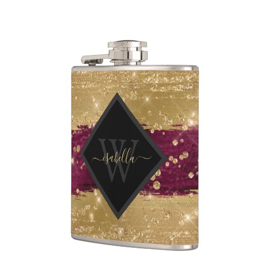 Monogrammed Modern Bourgondisch Goud Script Heupfles (Links)