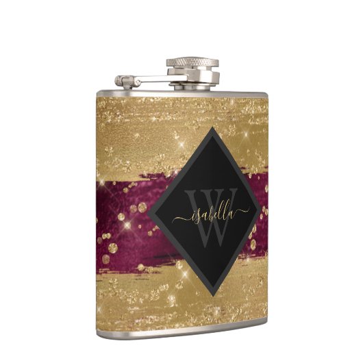 Monogrammed Modern Bourgondisch Goud Script Heupfles (Rechts)