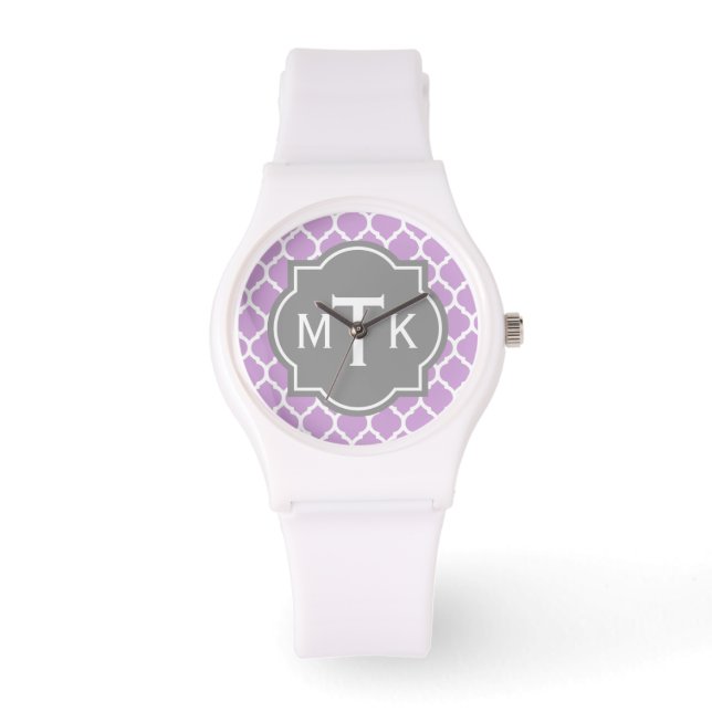 Monogrammed Modern Grey and Lila Lattice Pattern Horloge (Voorkant)