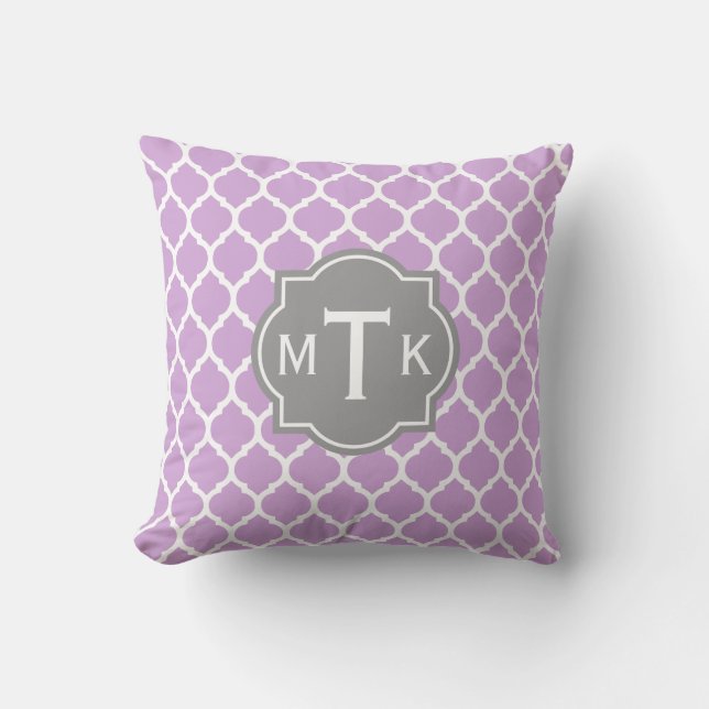 Monogrammed Modern Grey and Lila Lattice Pattern Kussen (Voorkant)