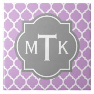 Monogrammed Modern Grey and Lila Lattice Pattern Tegeltje