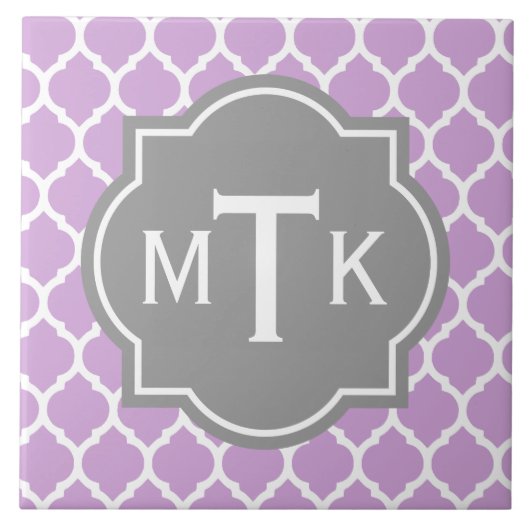 Monogrammed Modern Grey and Lila Lattice Pattern Tegeltje (Voorkant)