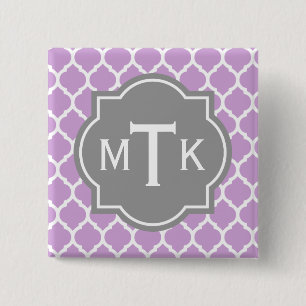 Monogrammed Modern Grey and Lila Lattice Pattern Vierkante Button 5,1 Cm