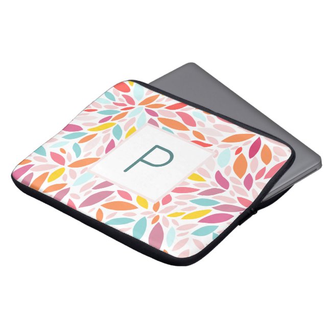 Monogrammed Modern Leaf Mosaic in Vibrant Pastels Laptop Sleeve (Voorkant top)