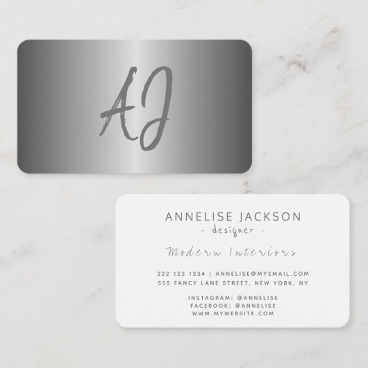 Monogrammed modern metallic zilver grijs wit visitekaartje (Voorkant / Achterkant)