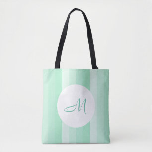 Monogrammed Modern Mint Green Striped Sjabloon Tote Bag