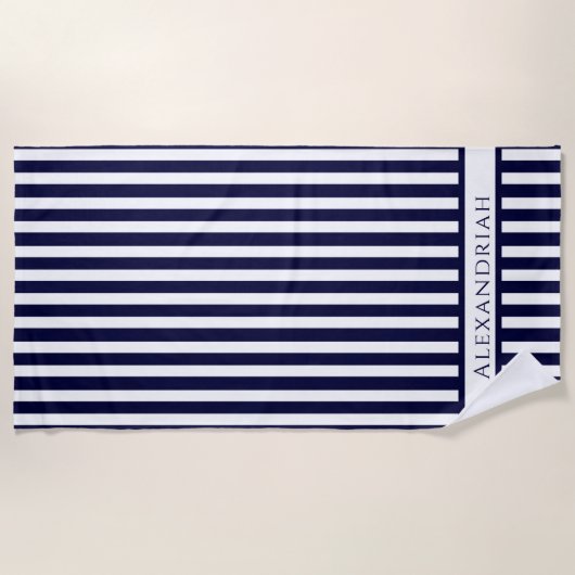 Monogrammed Modern Navy Blue White strepen Strandlaken (Voorkant)