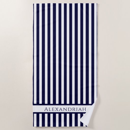Monogrammed Modern Navy Blue White strepen Strandlaken (Voorkant)