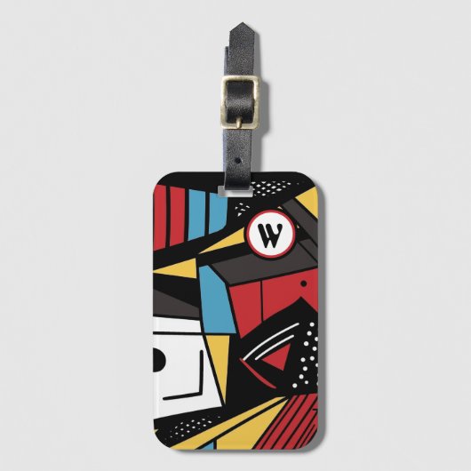 Monogrammed Modern Rood & Zwart Geometrisch Abstra Bagagelabel (Voorkant (verticaal))