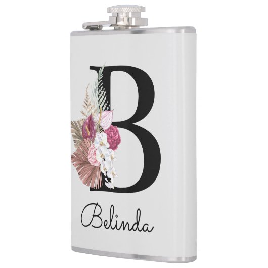 Monogrammed Modern Roze Bloemen Initiaal B Heupfles (Links)