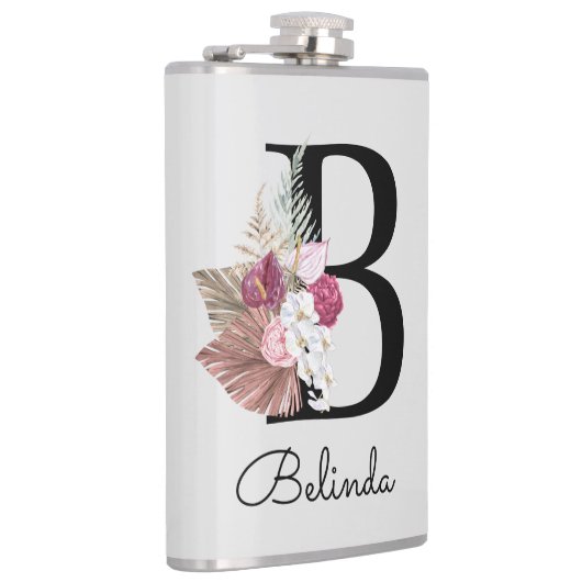 Monogrammed Modern Roze Bloemen Initiaal B Heupfles (Rechts)