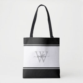 Monogrammed Modern Script Black White Tote Bag