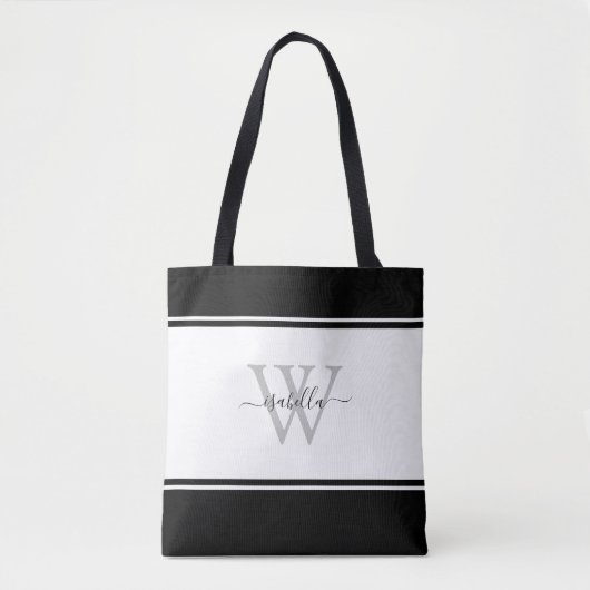 Monogrammed Modern Script Black White Tote Bag (Voorkant)