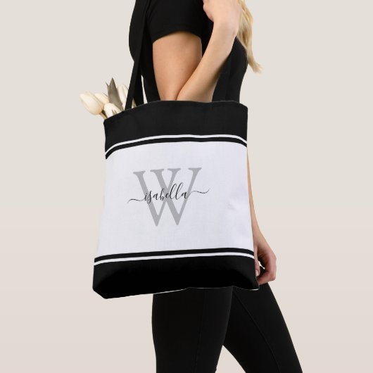 Monogrammed Modern Script Black White Tote Bag (Dichtbij)