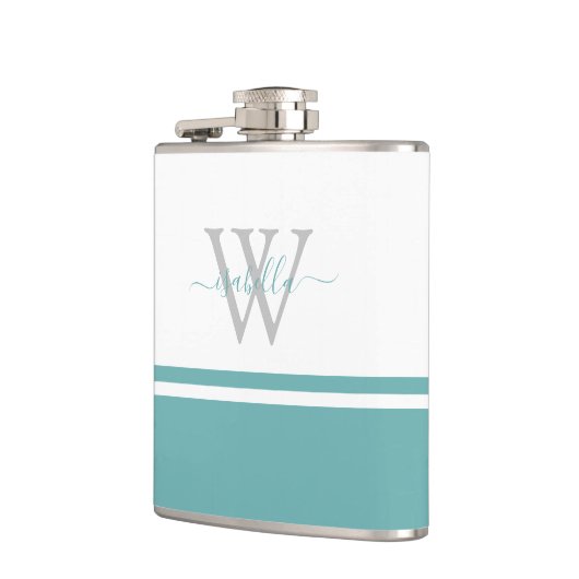 Monogrammed Modern Script Blauwgroen Flask Heupfles (Links)