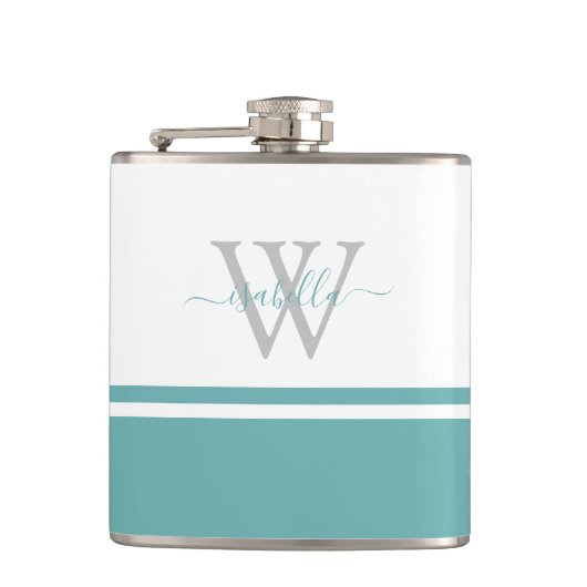Monogrammed Modern Script Blauwgroen Flask Heupfles (Voorkant)