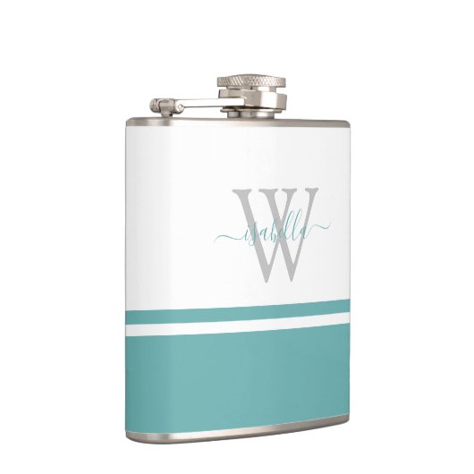 Monogrammed Modern Script Blauwgroen Flask Heupfles (Rechts)