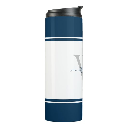 Monogrammed Modern Script Navy Thermosbeker (Gedraaid links)