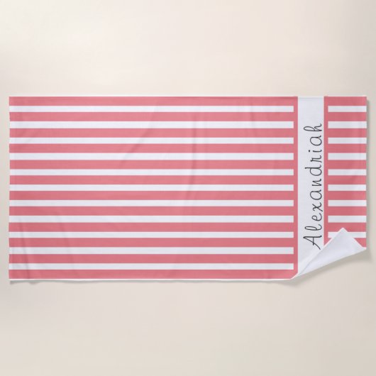 Monogrammed Moderne Coral Pink White strepen Strandlaken (Voorkant)