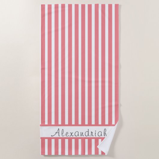 Monogrammed Moderne Coral Pink White strepen Strandlaken (Voorkant)